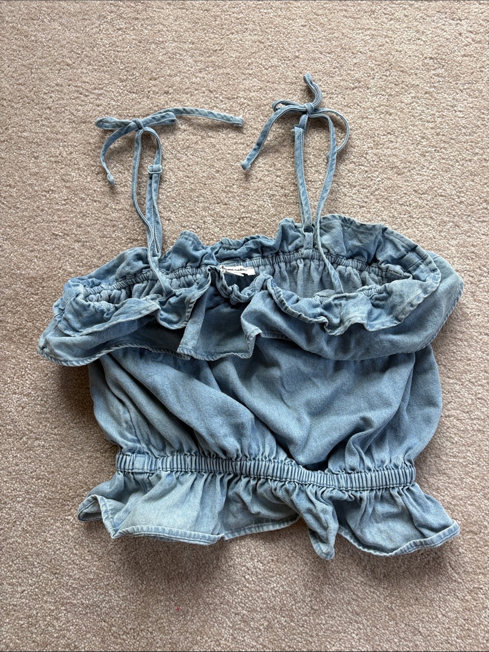 American Eagle Outfitters Light Blue Denim Ruffle Tie-Strap tank top